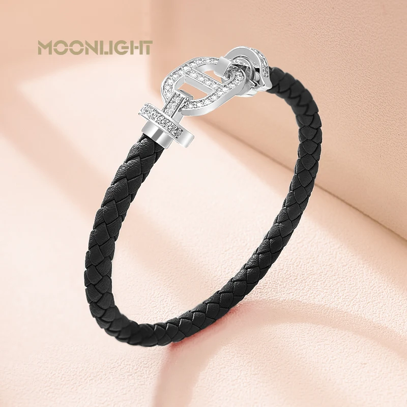 MOONLIGHT Fashion Classic Pig Nose Shape Leather Braided Bracelet for Women Cubic Zirconia Bracelet Hand-woven Jewelry Gifts - Image 5