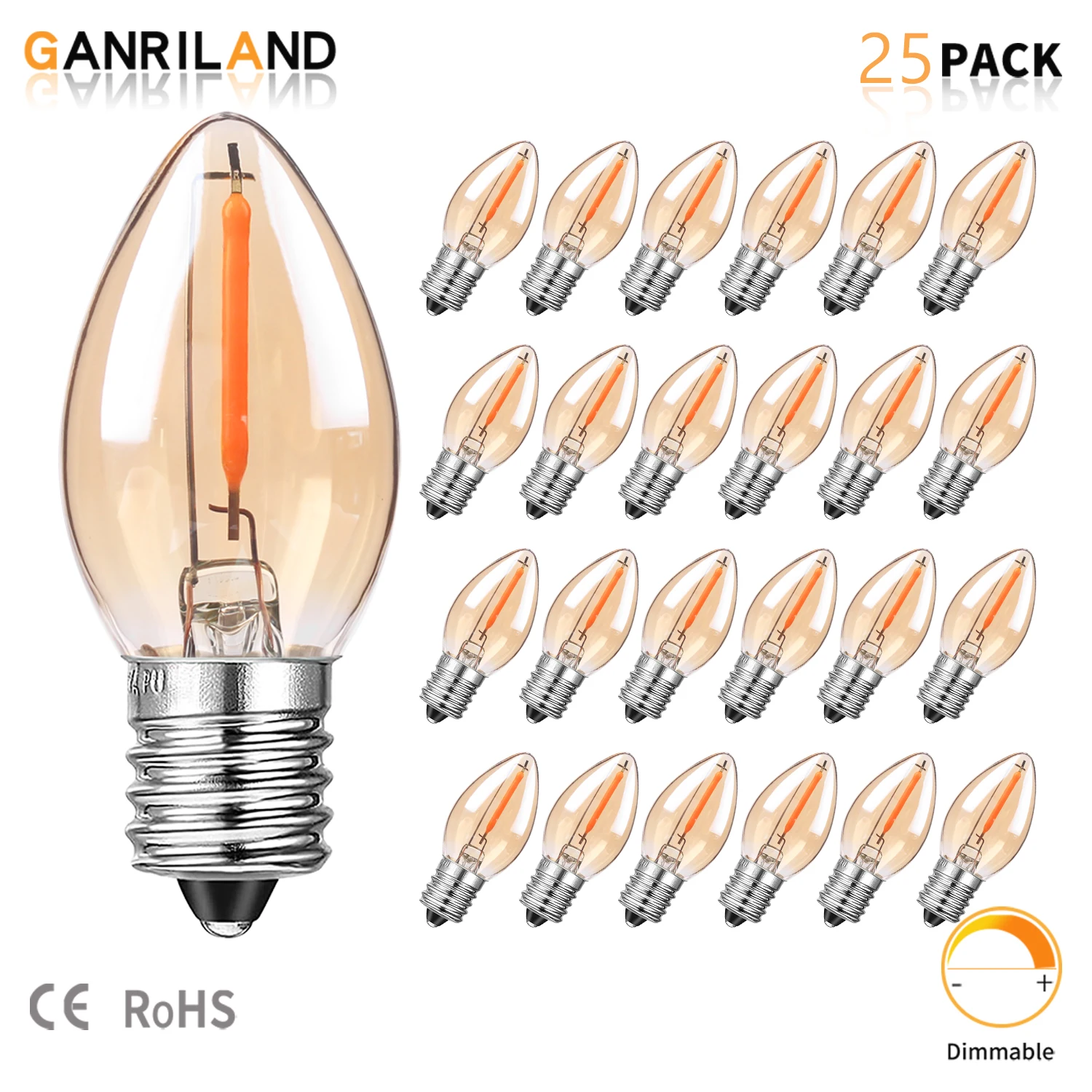 25PACK E12 E14 Candelabra Gold Tint Glass LED Filament Light Bulb C7 Dimmable 2200K 0.5W 110V 220V Chandelier Small Night Bulb