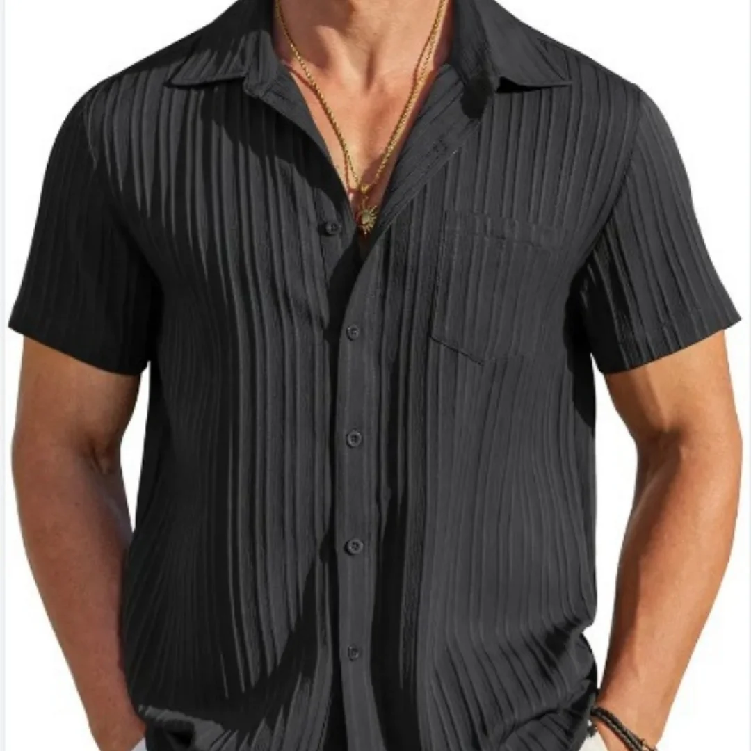 Men's new summer striped English style shirt Short sleeve single breasted lapel solid color shirt