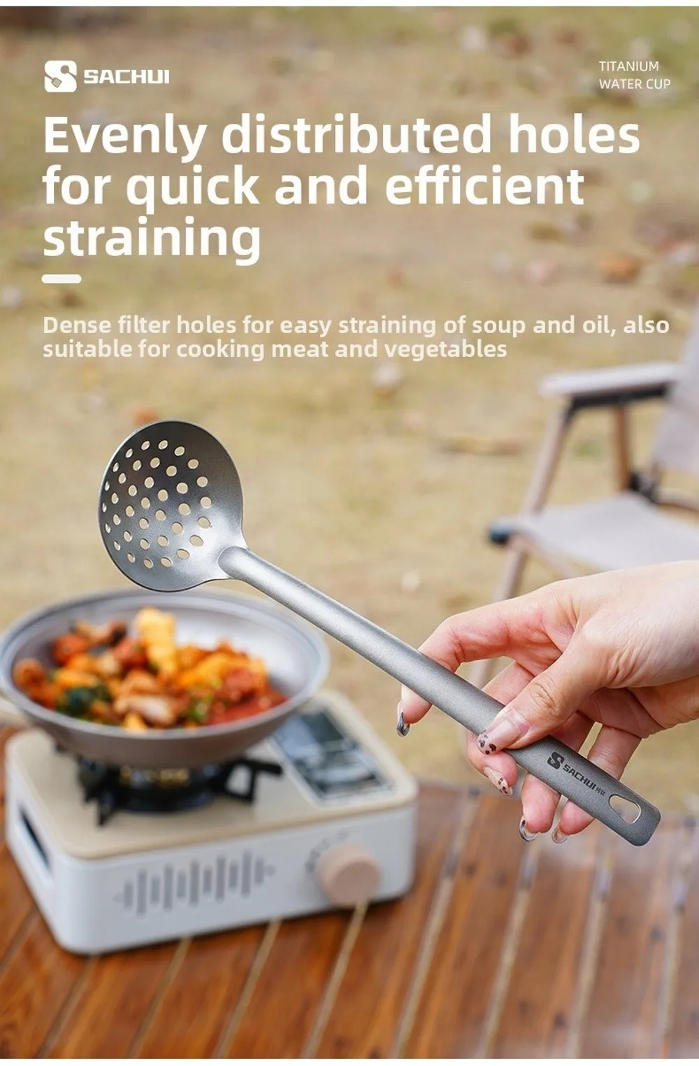 Neuer Langstiel-Outdoor-Suppenlöffel und Schöpfkelle-Set, Rutschfester Hitzebeständiger Titan-Schlitzlöffel, Leichter Lebensmittelsieb – Detail 3