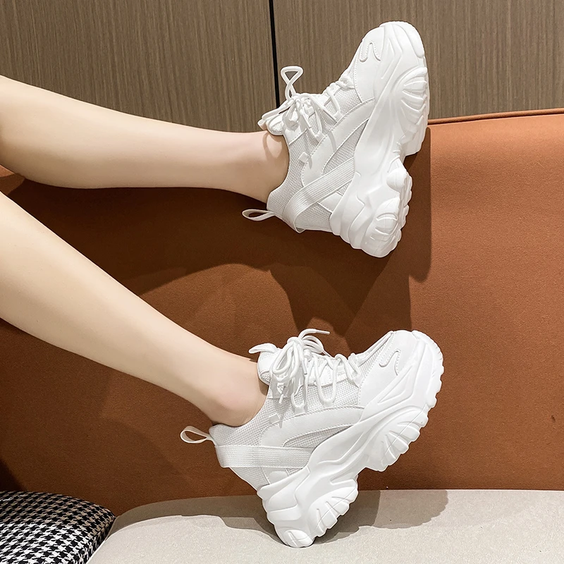 2022 Spring Breathable Mesh Chunky Sneakers Women Wedge Casual Sport Shoes Lace-up High Heels 9.5CM Platform Shoes Zapatos Mujer