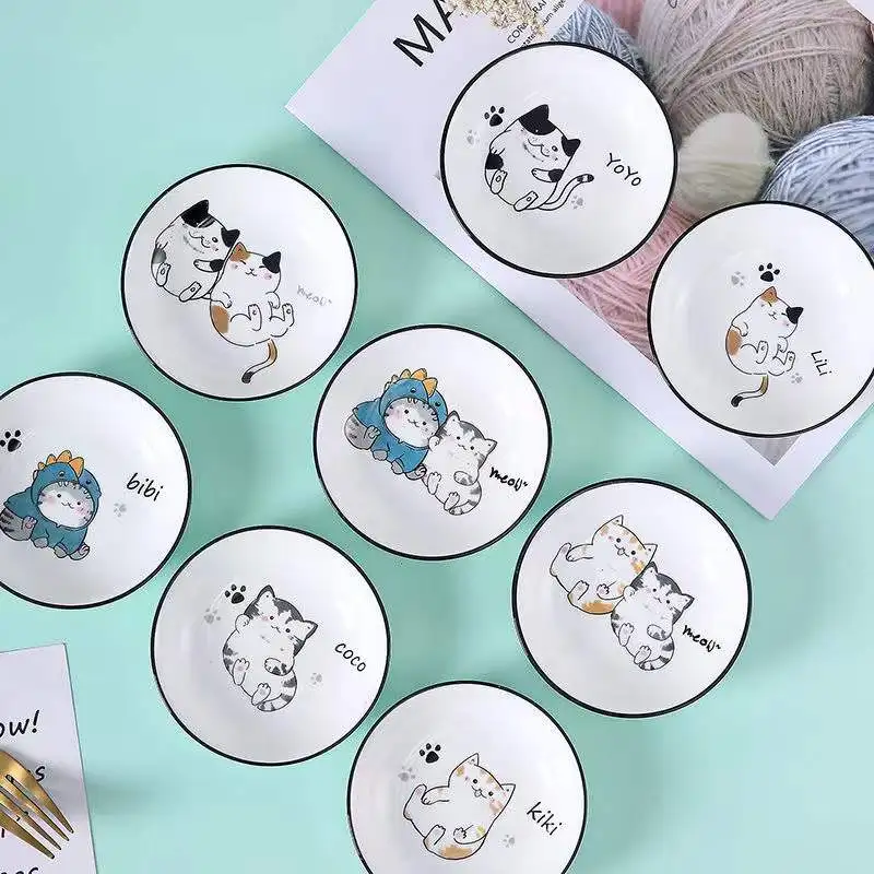 Cute Cat Mini Heart Shaped Pigments Ceramics Soy Dish Sauce Vinegar Jam Dishes Kitchen Small Plate Set Tableware Gifts 6Pcs/set