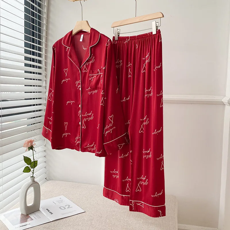 

Sexy Letter Printed Ice Silk Satin Long Sleeve Shirt Pants 2Pcs Women Sleepwear Homewear Female Pajamas Set