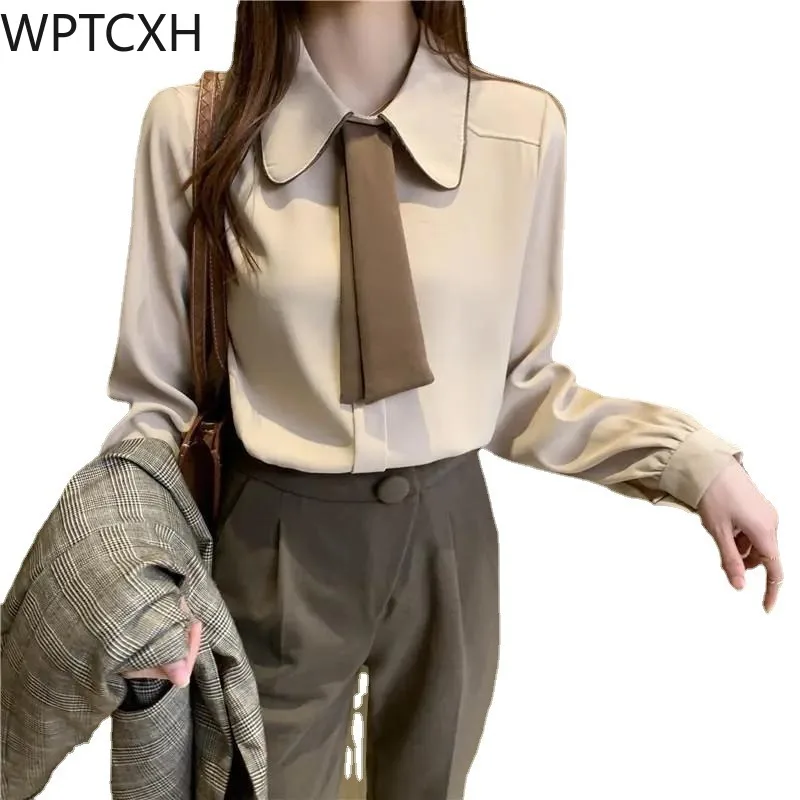 

Корейские милые женские топы, модная повседневная винтажная блузка с длинным рукавом и галстуком, рабочая одежда, офисные женские рубашки, весна-осень