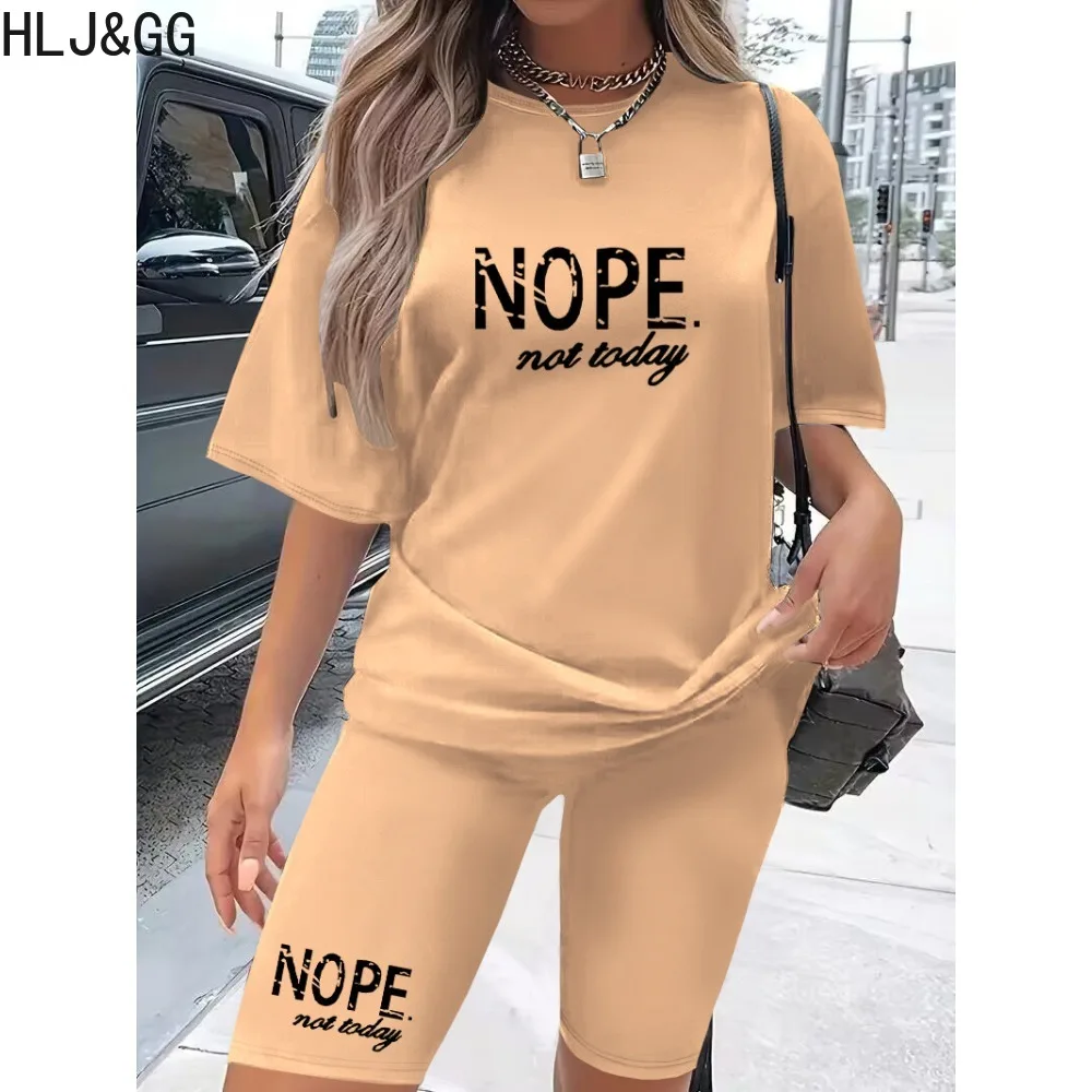 

HLJ&GG Summer Letter Print Biker Shorts Two Piece Sets Women Round Neck Loose Tshirt And Shorts Outfits Female Sporty 2pcs Suits