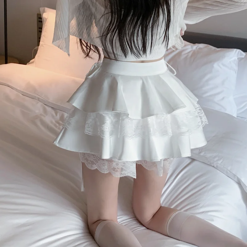 Gothic Sexy Ruffle Tiered Skirts Women Cute Lolita Style Lace Cake Skirt Girl Kawaii Clothes High Waist Solid A-Line Mini Skirt 2