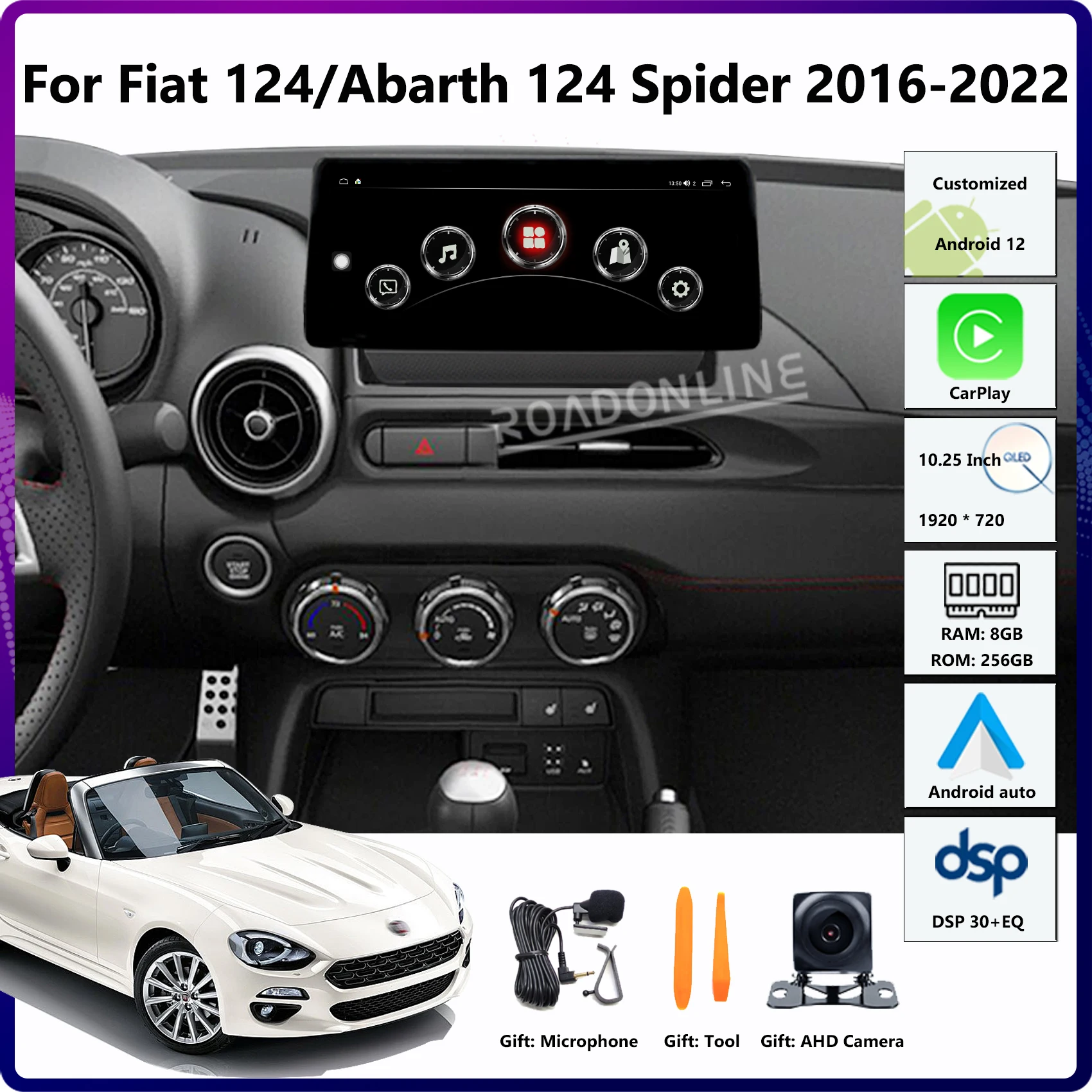 10.25 "Android 12 Per Fiat 124/Abarth 124 Spider 2016-2022 8-Core 8 + 256Gb 1920*720 Lettore Multimediale Per Auto Ricevitore Stereo Radio