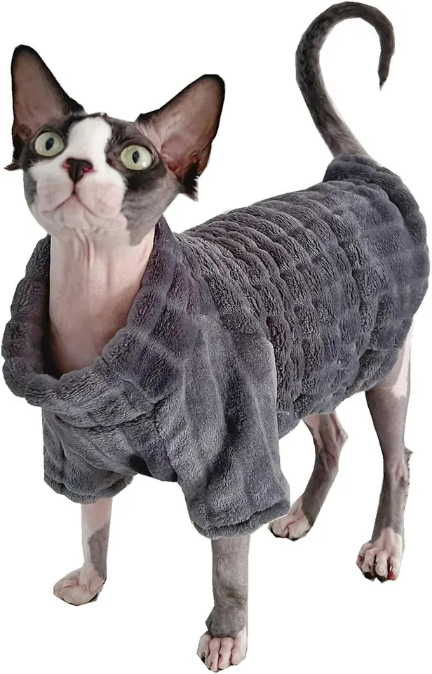 2 Pieces Sphynx Cat Sweaters - Winter Warm Faux Fur Turtleneck Vest For Hairless Cats (Pink & Gray)