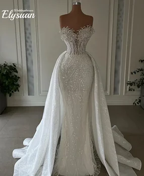 Abiti da sposa a sirena di lusso personalizzati Sposa senza spalline in pizzo con perline pesanti 2 in 1 Overskirts staccabili Abito da sposa Vestid