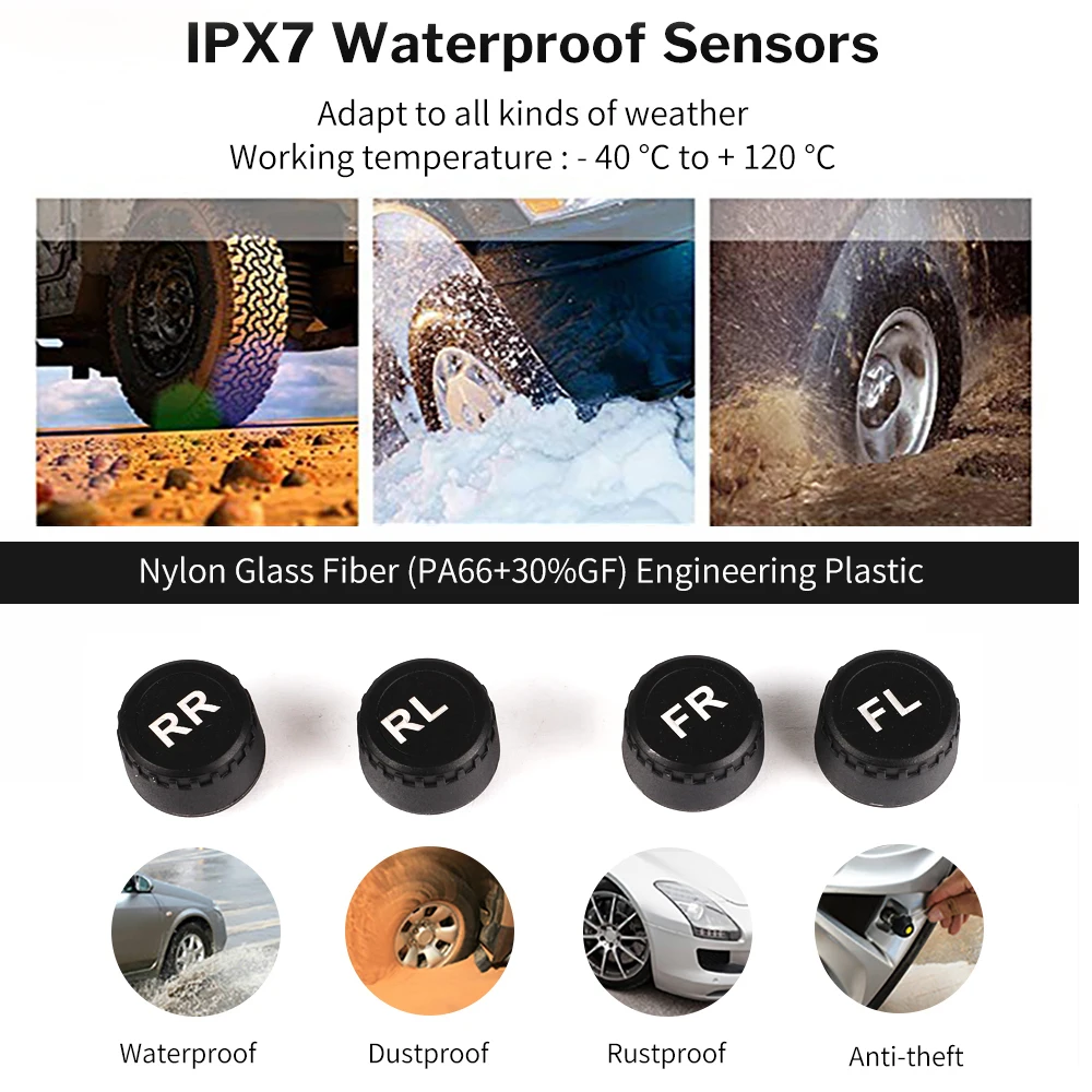 Car Tire Pressure Monitor Solar TPMS Car Tire Pressure Alarm Digital Colorful Display 4 External Sensors Waterproof Tire Pressure Temperature Warning