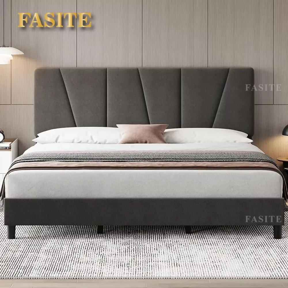 Bed Frame with Adjustable Headboard,Linen Upholstered Platform with Strong Wooden Slats,Mattress Foundation,No Box Spring Needed