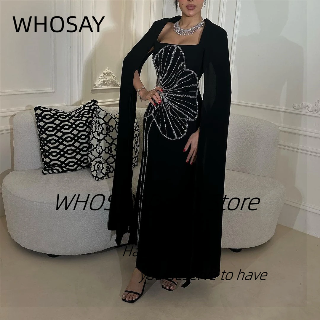 

WHOSAY черные Выпускные платья 2024 новейшие вечерние платья ручной работы с квадратным вырезом и длинными рукавами Роскошные бусины для дня рождения