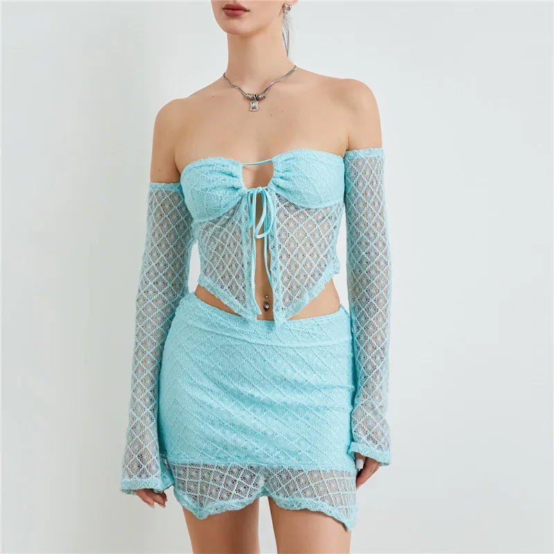 Hirigin 여성 섹시한 크로 셰 뜨개질 니트 스커트 2PCS 세트 중공 니트 캐미 하이 웨이스트 Bodycon 미니 스커트 복장 Night Partywear