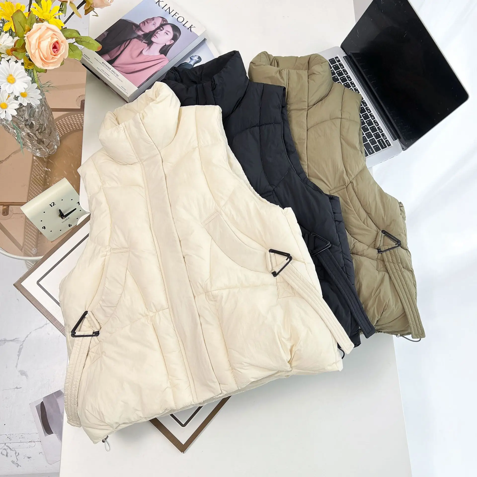 Plus Size Women Parka Winter Loose Medium Long Simple Casual Stand Collar cotton-padded Sleeveless Vest Warm Waistcoat 8233