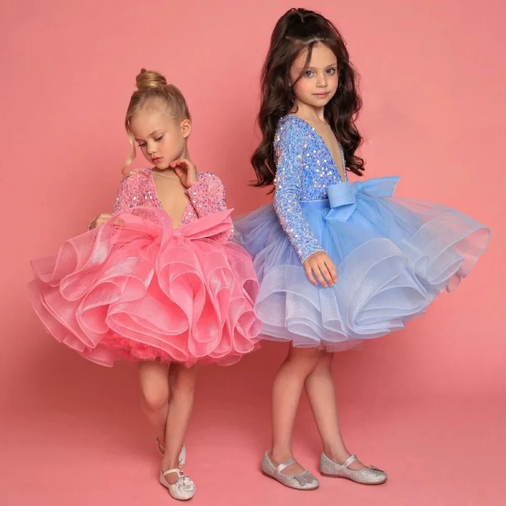 

Pink Sequins Bead Short Flower Girl Dress for Christmas Wedding Party Kids Princess Pageant Ball Gown Tulle Satin Bow Mini Skirt