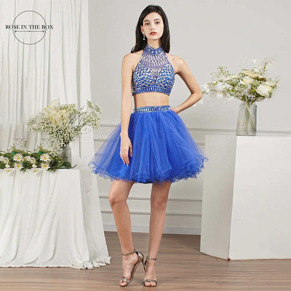 Blue Two Piece Homecoming Dresses 2022 High Neck Crystal Beaded Ball Gown Tulle Prom Party Dress Sexy Short Cocktail Gowns