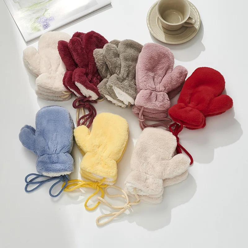 Warm Plush Thick Warm Baby Gloves Winter Plus Velvet Mittens Children Kid Coral Fleece Full Finger Gloves For 3-8Y Kids