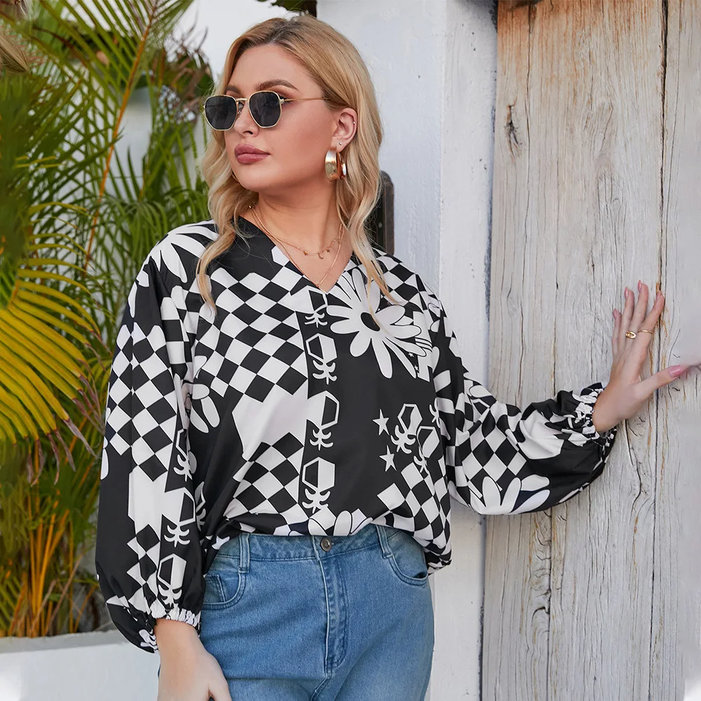 

Plus Size Women's Clothing Fall Fashion Casual Lantern Sleeve V-neck Loose Geometric Printed Ladies Shirt Top XL-4XL Oversize