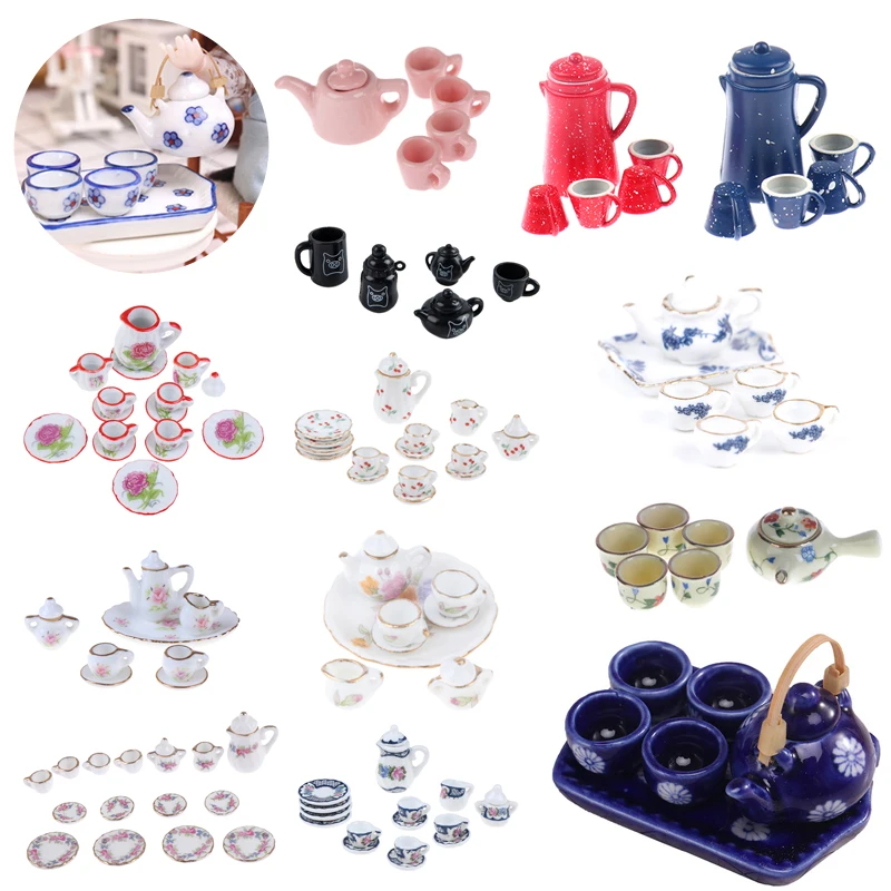 1Set 1/12 Dollhouse Miniature Accessories Mini Ceramics Tea Set Simulation Kettle Plate Cup Model Toys Doll House Decoration