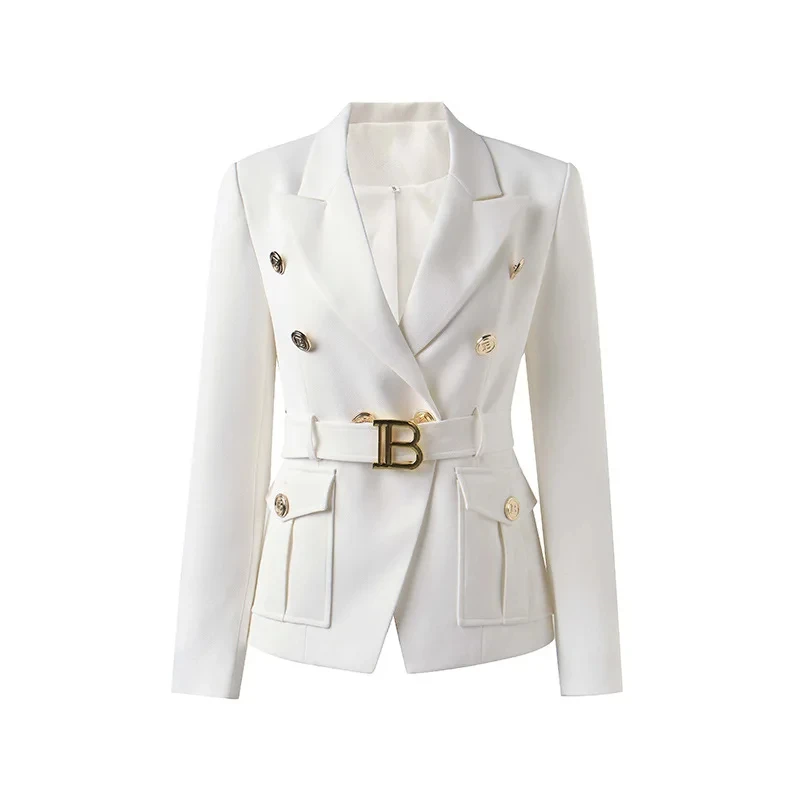 Customize Luxury Quality Classic golden buttons Office White Black pink Women Pocket formal Blazers with Blet