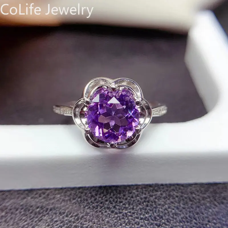 

Pure Natural Amethyst Sterling Silver Ring 8mm 2ct Amethyst Ring for Daily Wear 925 Silver February Birthstone Jewelry