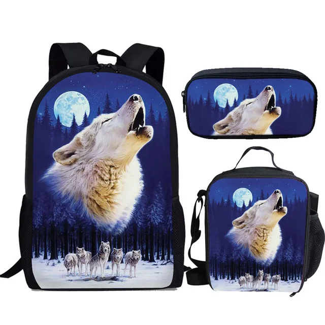 Popular Youthful Moon Wolf 3D Print 3pcs/Set Student Travel bags Laptop Daypack Backpack Lunch Bag Pencil Case