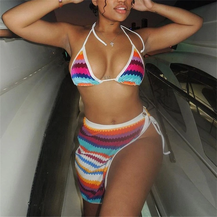 

Colorful Striped 3 Piece Set Women Summer Beach Halter Bandage Bikini Underpants Spilted Mini Skirts Female Vacation Suit