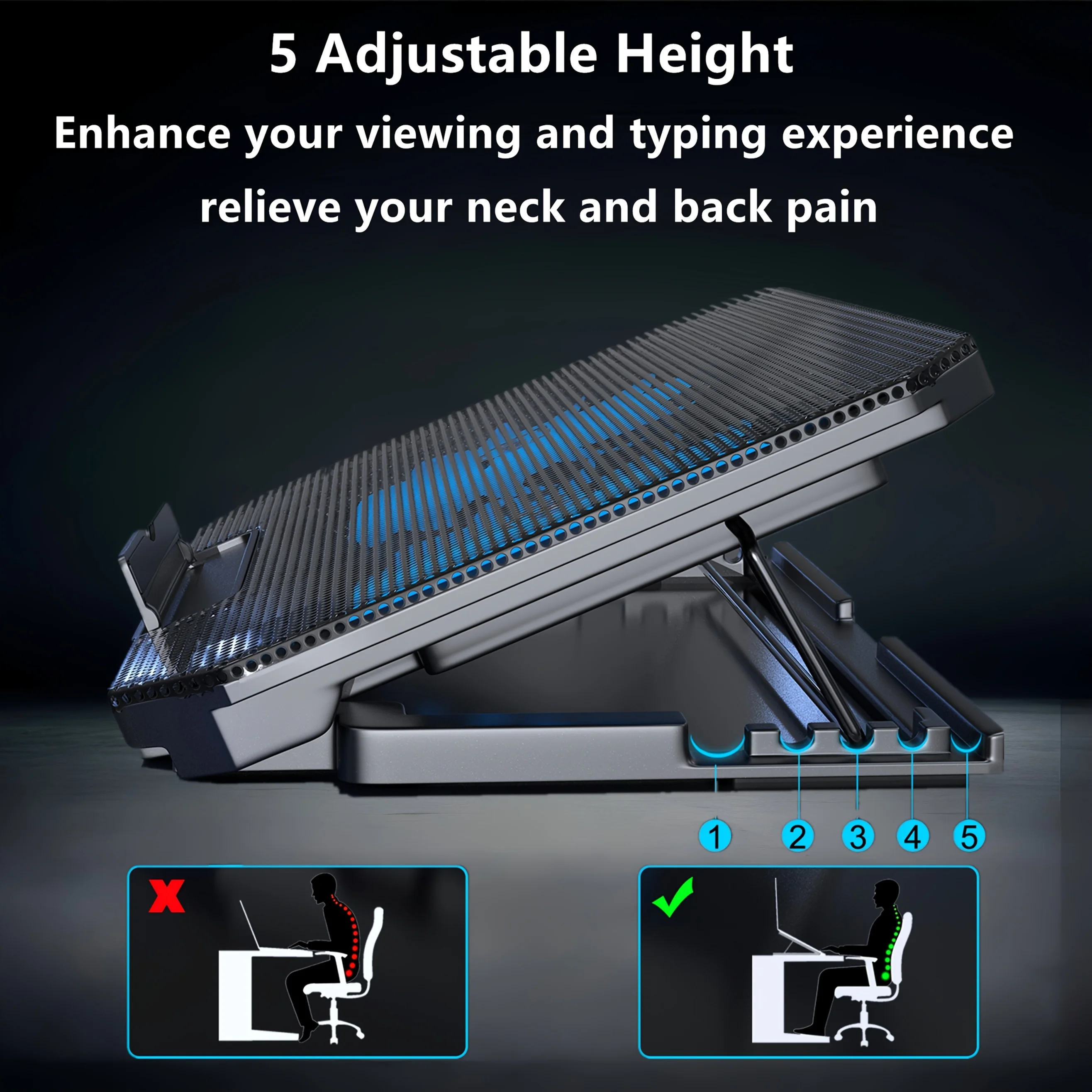 USB Gaming Laptop Cooling Pad Adjustable Bracket - Blue LED Fan Display, Compatible With 11-17 Inch Laptop, Durable_voghion.com