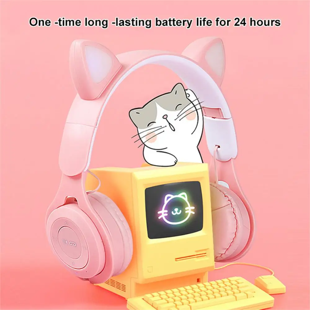플래시 라이트 귀여운 고양이 귀 무선 헤드폰, 마이크 제어 LED, 어린이 소녀, 스테레오 음악 헬멧, 전화 헤드셋 선물