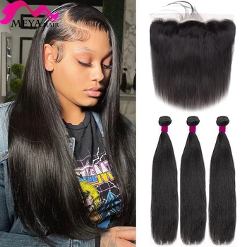 Inch human hair bundles with x lace frontal natural straight remy brazilian hair weave