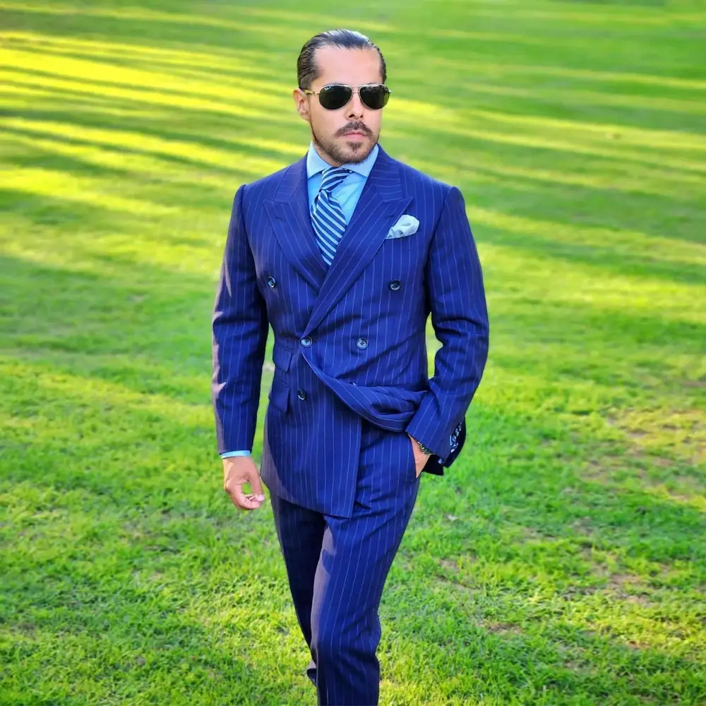 

Синий мужской костюм в Вертикальную Полоску, двубортный Мужской Блейзер, облегающие смокинги, пиджак и брюки, одежда для жениха с заостренным лацканом