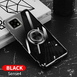 Plating Ring Bracket Soft Silicone Stand Phone Case with Car Holder for Sharp Aquos wish5 (Black)
