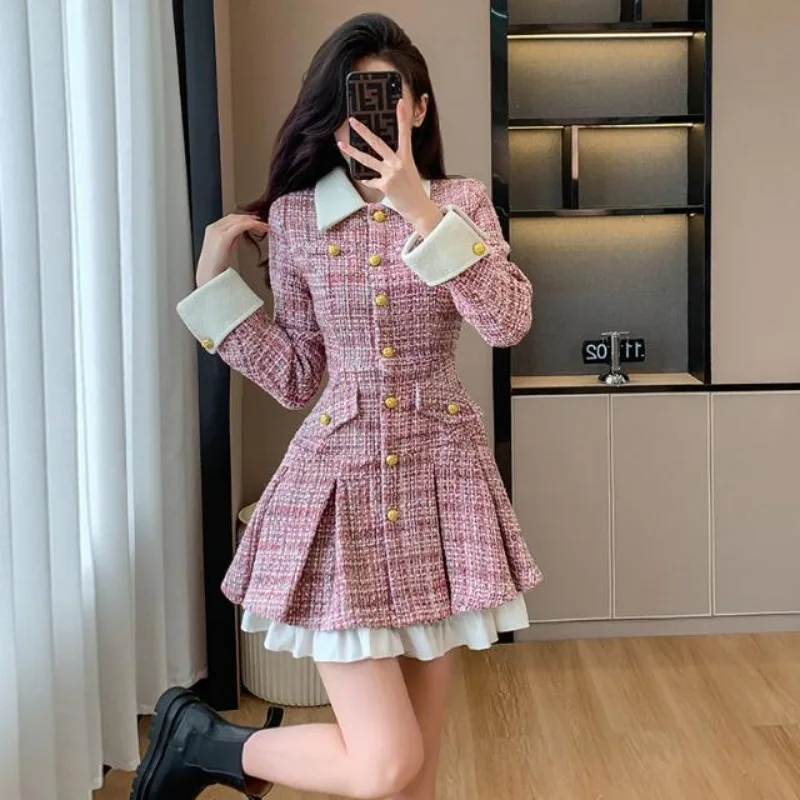 

Tweed Dresses Women Autumn New French Polo-neck Single Breasted Collision Color Pleated Splicing Office Lady Short Dress Female