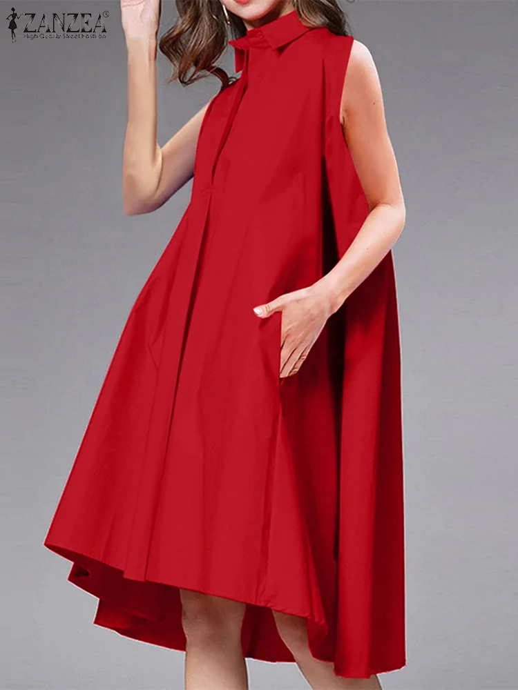 

ZANZEA Sexy Sleeveless Tank Sundress Women Lapel Collar Shirt Dress Fashion Summer Pocket Knee-length Dresses Casual Button Robe