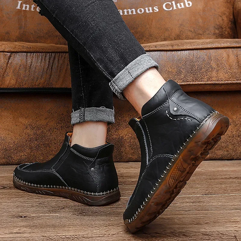 Autumn Winter Elegant Chelsea Boots Leather Men Shoes Round head Luxury designer Ankle boots Anti slip black Slip-on Big Size 47 chelsea boots