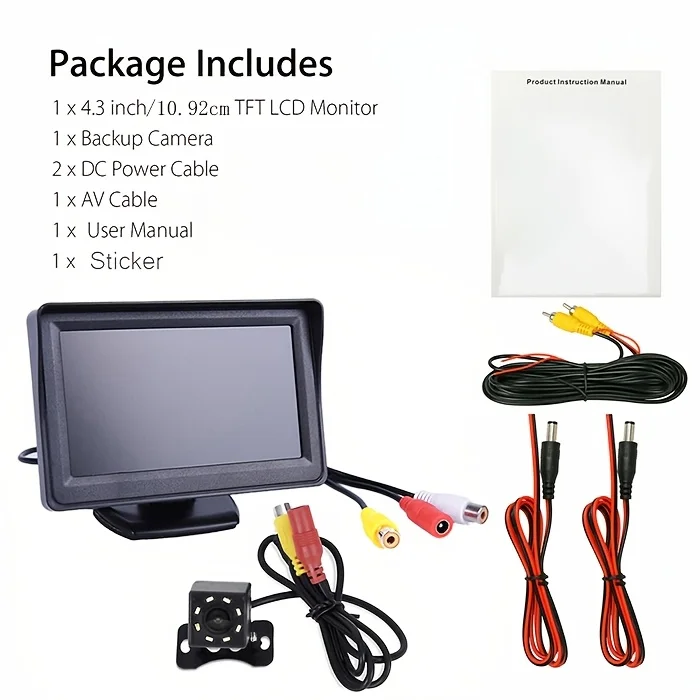 이것은 10.92cm HD 모니터와 8개의 LED 후방 카메라 키트로 구성되어 있으며, 자동차 후진 및 주차 지원을 위해 설계되었습니다.
