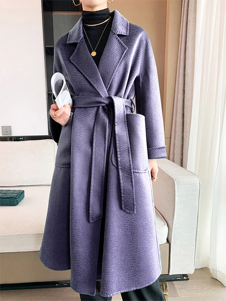 New Women Hand-made Water Ripple Coat Double-sided Cashmere Wool Coat Lapel Long Sleeve Lace-up Female Colthing Autumn Winter new designed velvet tuxedos wool shawl lapel british style custom made mens suit slim fit blazer wedding suits for men suit pant