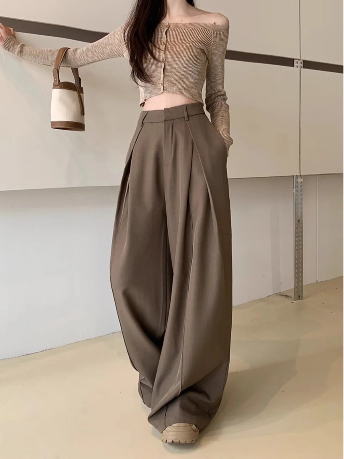 Versatile Suit Pants For Women In Spring 2024 New Wide Leg Solid Black Grey Casual Pants Loose And High Waisted Wide Leg Pants