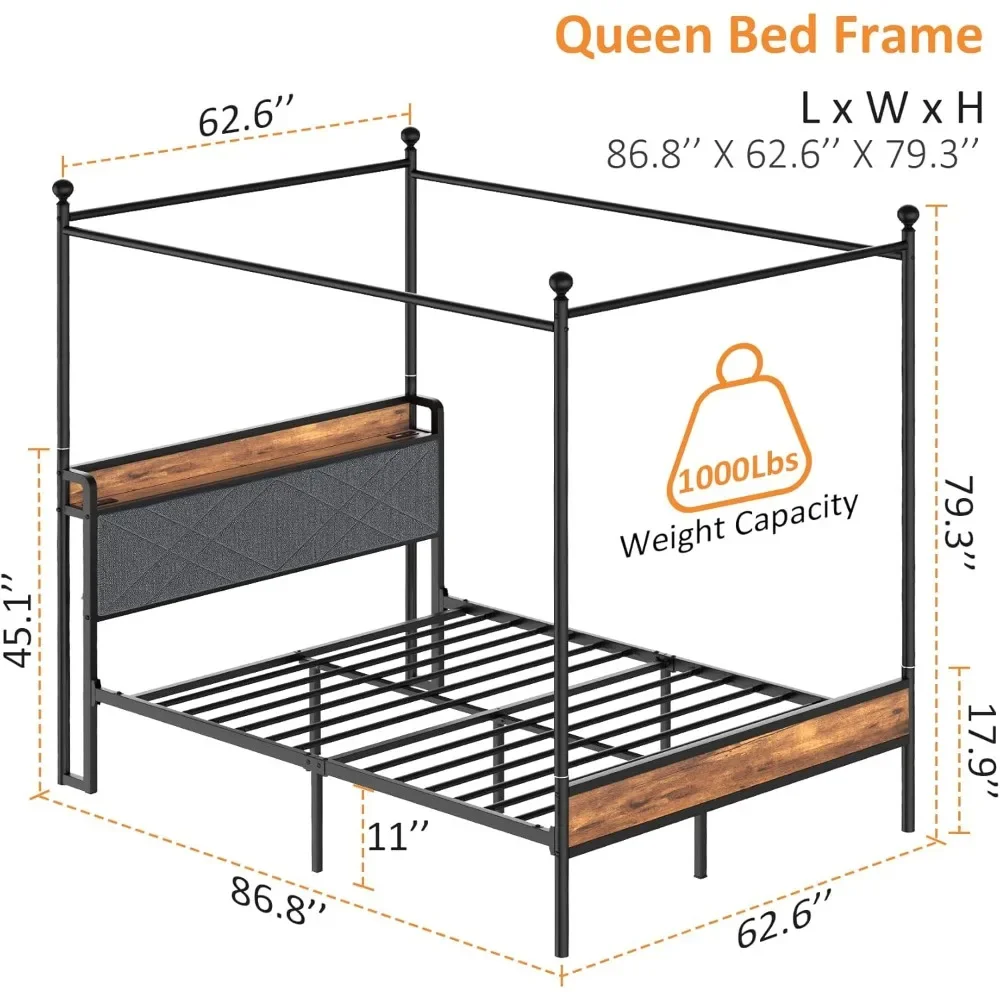 Bed Frame with Headbord, Canopy Bed Frame, Metal Black Iron Bed Platform with Charging Station and LGB Light No Box 2