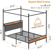 Bed Frame with Headbord, Canopy Bed Frame, Metal Black Iron Bed Platform with Charging Station and LGB Light No Box 2