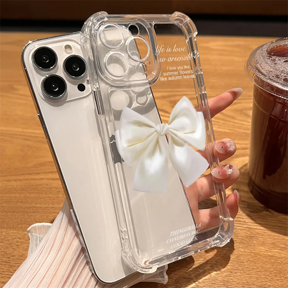 

Fashion Transparent Shockproof Phone Case for iPhone 15 14 13 ProMax XR XS Max 7 8 Plus SE 12 11 White Bow Hard Back Shell Cover