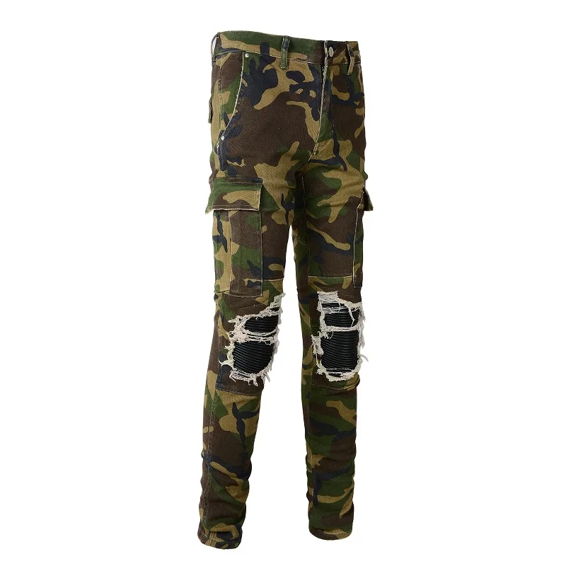 Camouflage Denim Jeans Pants Multiple Pockets Slim Fit Non Stretch Holes Ribs Patchwork Jeans Men