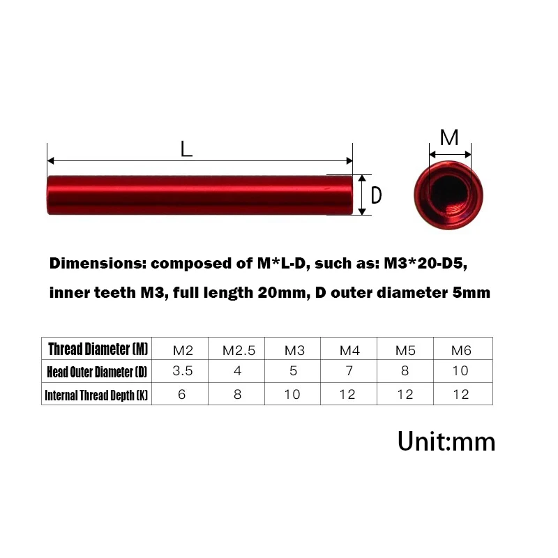 5 Pz M3 D6mm In Lega Di Alluminio Colonna Filettata