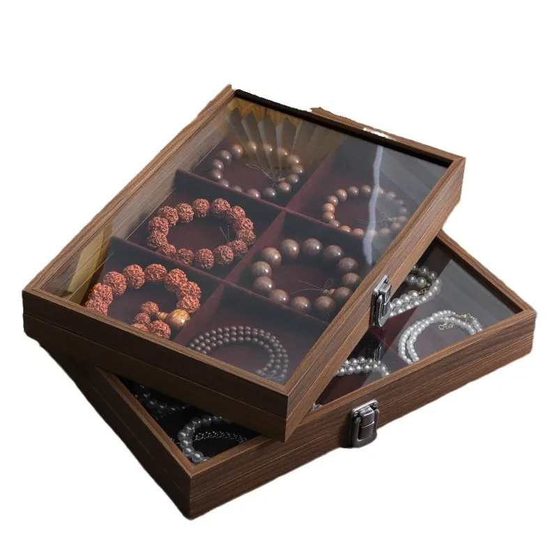 Net Red Black Walnut Patterned Wooden Glass Dustproof Bracelet Jewelry Storage Box Jewelry Viewing Storage Tray Display Tray