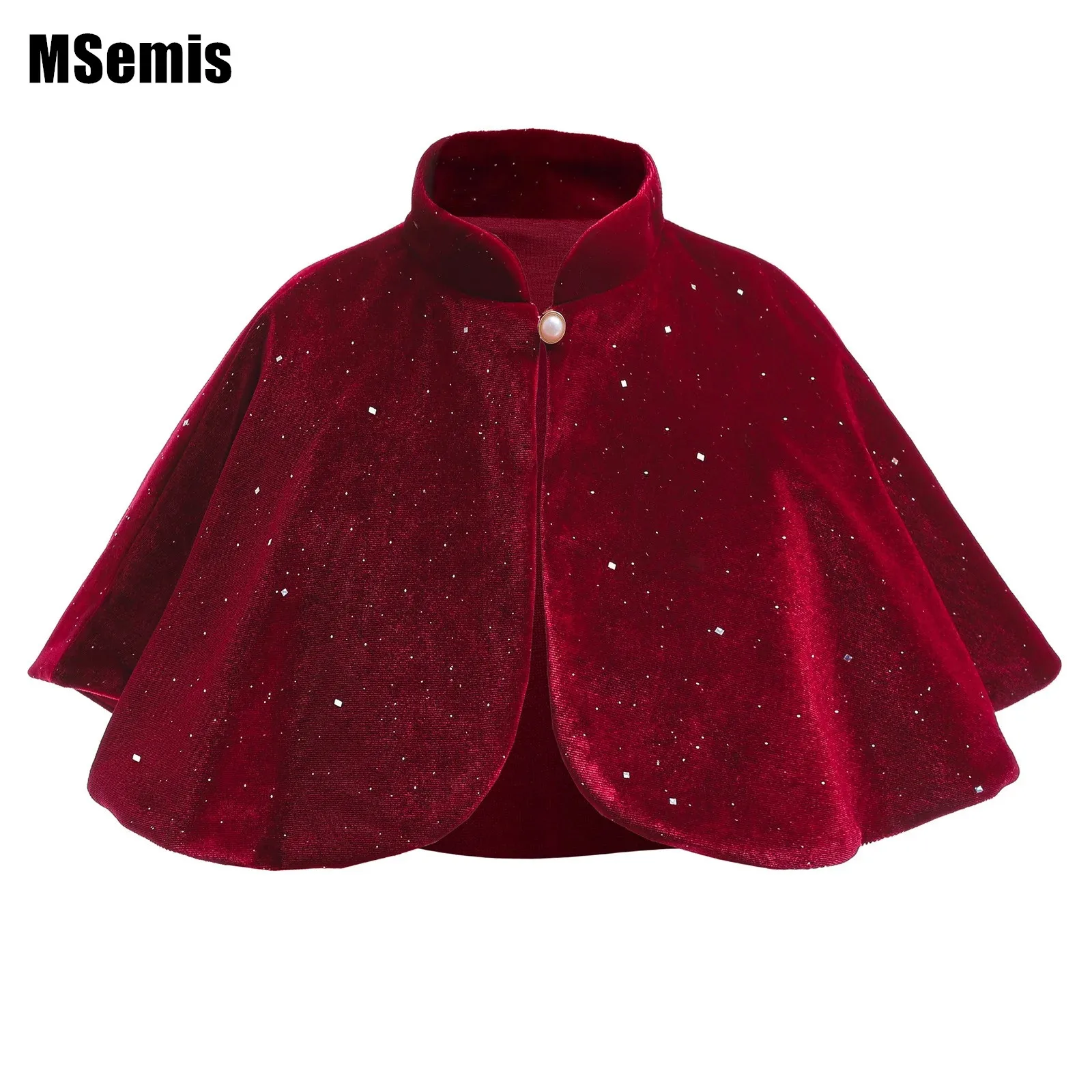 

Kids Girls Fairy Cape Coat Shiny Red Velvet Stand Collar Smooth Lining Pearl Button Bolero Dress Shrug Shawl for Party Evening