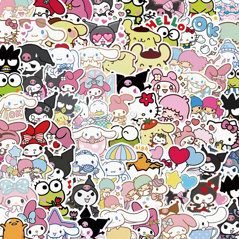 10/50/100 Pieces Mixed Cartoon Sanrio Sticker Cute Cinnamoroll Kuromi My Melodydiy Graffiti Children Toy Waterproof Sticker 12pcs sanrio hello kitty cartoon children crayons student rotating painting brush stationery rotating 12 color graffiti pen gift