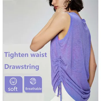 Women's Summer Yoga Top Breathable Loose Sleeveless Sports Shirt Drawstring Hem Crew Neck Yoga Cover-up for sports and gym 1