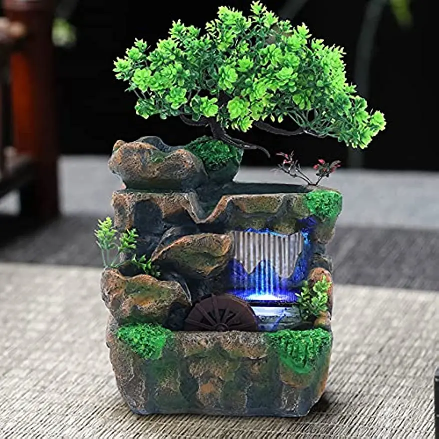 

Tabletop Fountain, Resin Mini Silent Colorful Light Waterfall Fountain Zen Meditation Desktop Simulation