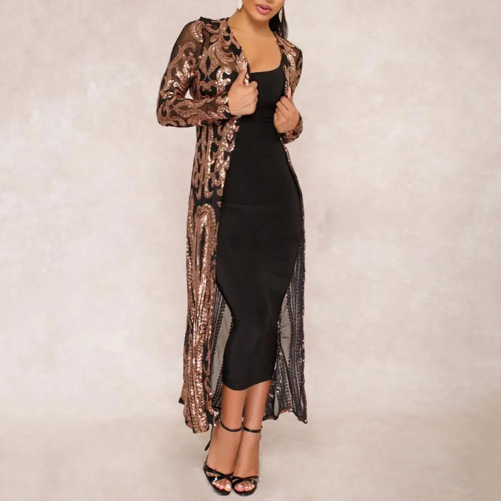 

Evening Party Women Gown Sexy Sequin Perspective Long Sleeve Maxi Coat Women's Clothing