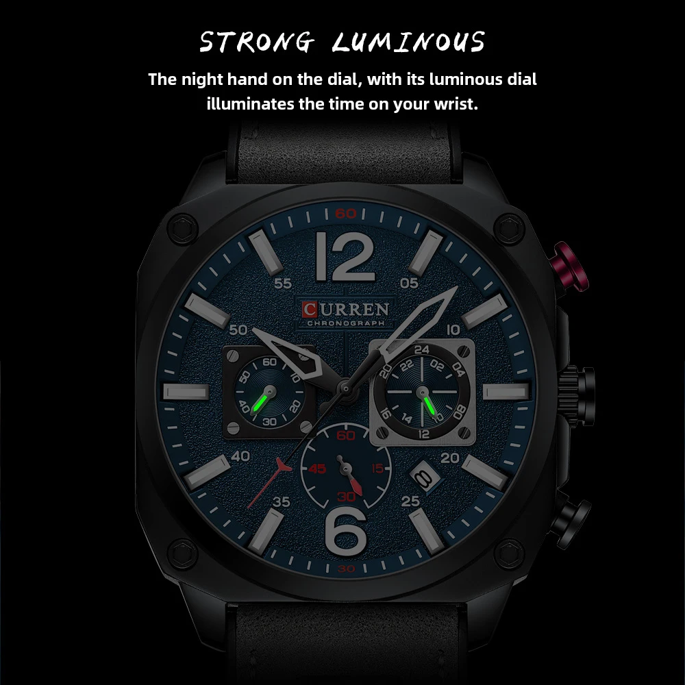 Men's Fashion Waterproof Chronograph Watch with Leather Band and Luminous Display
